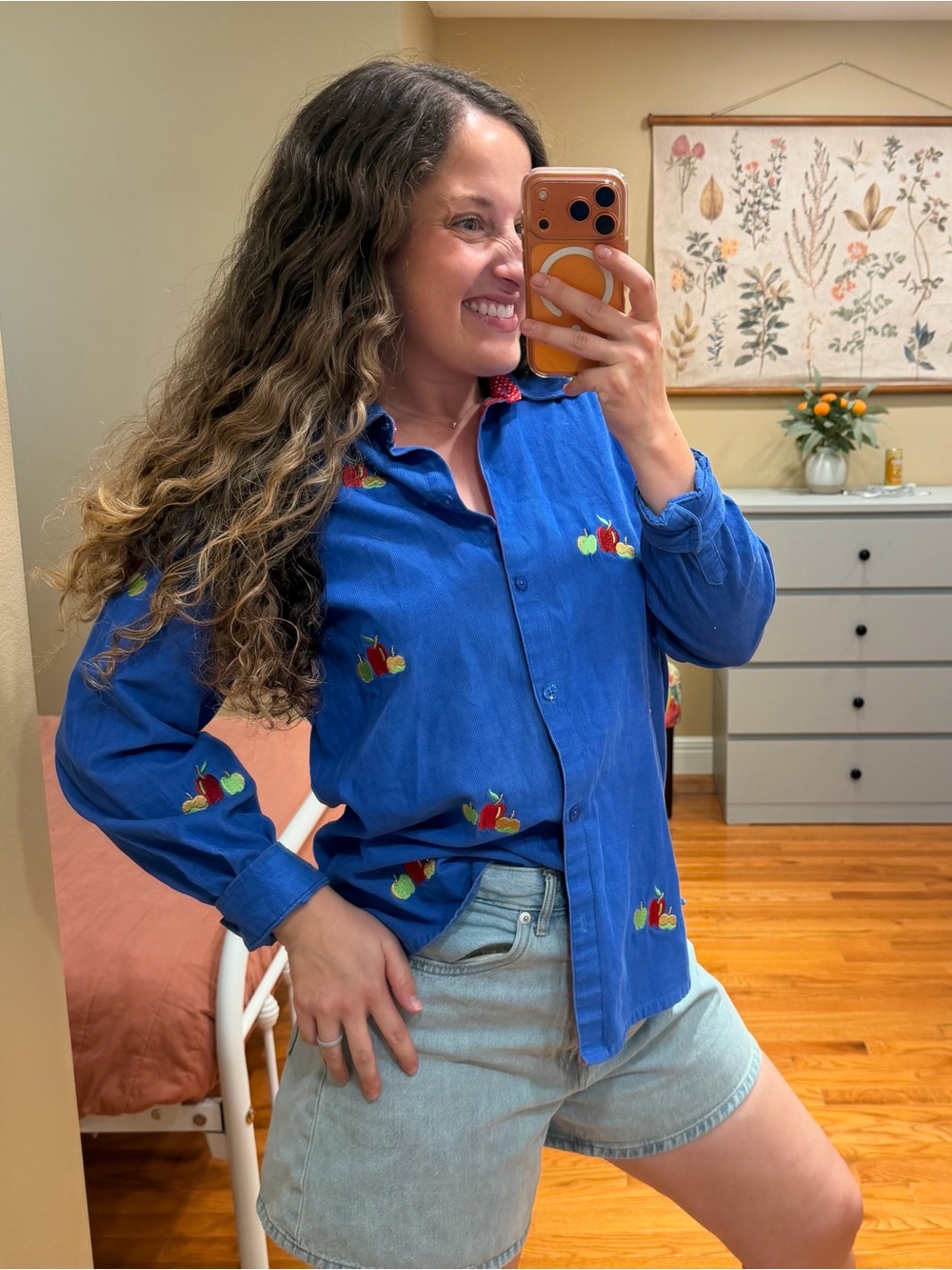Vintage Quacker Factory Blue Embroidered Fruit Button-Up Apple Top Small